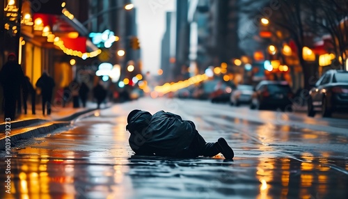 A man who fell on a slippery road in winter, in cold weather and in an urban environment