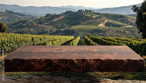 A rustic wooden table overlooking a serene vineyard landscape in Tuscany