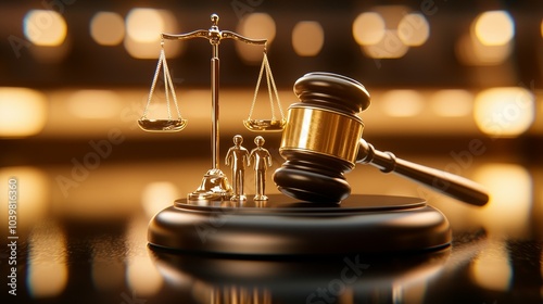 A family sculpture and gavel on a table under soft lighting, representing family law and justice proceedings, courtroom concept