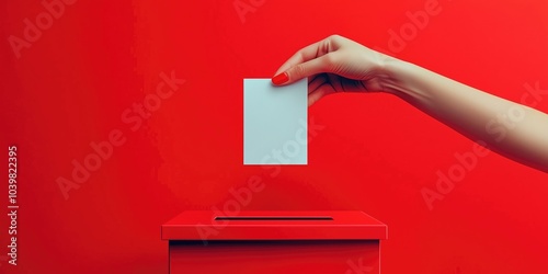 Hand placing white card into red ballot box on vibrant red background, vote and democracy concept, electoral process, sense of involvement, engagement, civic duty with bold colors , strong contrasts.