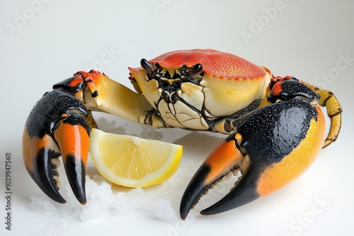 Stone Crab. Cooked Claw Delicacy with Ice and Lemon Slice, Florida Crustacean Cookery