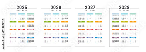 Colorful USA calendar set, year 2025 2026 2027 2028 planner, white background english language