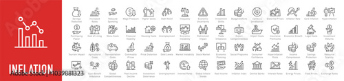 Inflation web icons in line style. Crisis, economic, unemployment, hyperinflation, inflation rate, scarcity, price increase, money, investment, depreciation, energy, transportation, collection. Vector