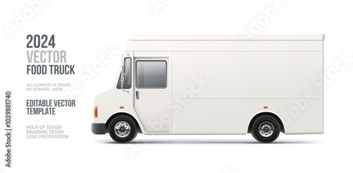 Realistic FoodTruck blank mockup. Side view White Food Van with space for text or your branding design - editable vector template isolated on white background. Horizontal blank for AD banne