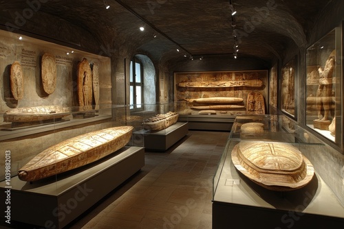 Ancient egyptian sarcophagi displayed in museum exhibit