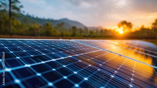 Close-up of solar panels reflecting sunlight at sunset.