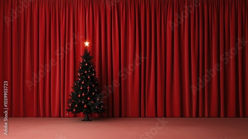 Red velvet curtains drawn open to reveal a black Christmas tree, dim room with flickering candlelight, wideangle view from the rooms center