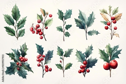 An arranging of holly berries, green leaves, and a spruce branch.