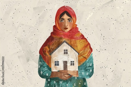 Palestinian woman holding home art illustrated painting.