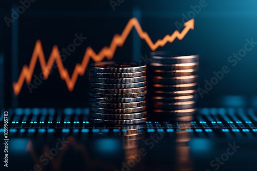 Stacks of coins with a rising graph in the background, representing financial growth and investment opportunities in a digital era.