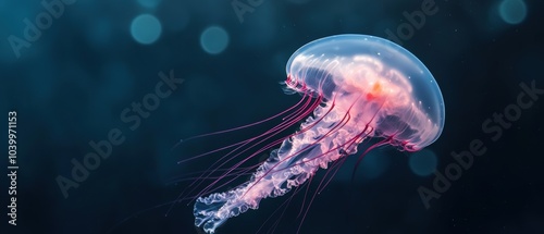 Stunning jellyfish gliding gracefully in ocean depths, illuminated by soft blue light.