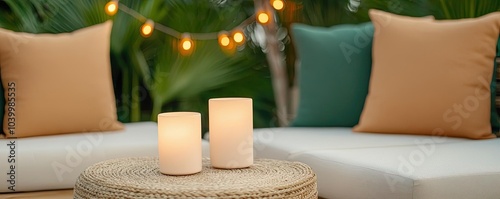 Cozy outdoor seating area with candles and pillows, creating a warm atmosphere.