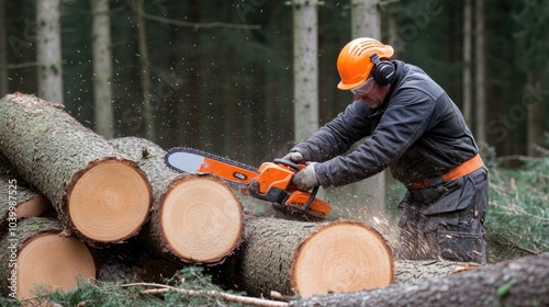 A worker in an orange uniform uses a chainsaw to cut down trees on forest land filled with fallen trunks