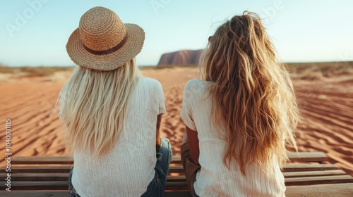 Two women with long hair sit on a bench wearing hats, gazing at the iconic Uluru rock amidst a desert landscape, showcasing friendship and adventure vibes.