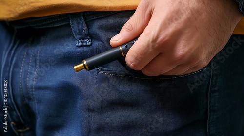 Close-up of a hand placing an electronic cigarette into a pocket, hinting at portability