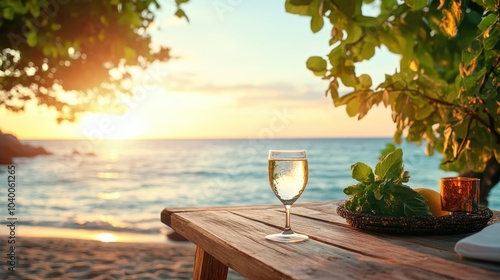 An inviting oceanside table with a drink set against a breathtaking sunset view. The lush greenery and calm waters create an atmosphere of tranquility and leisure.