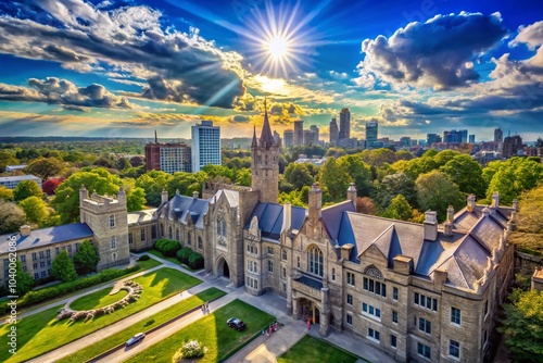 Low Light Photography of Hart House at University of Toronto with Bright Blue Sky and Cirrus Clouds