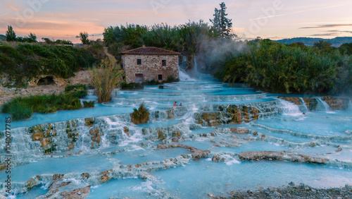 Relaxation and serenity at Saturnia thermal baths in Tuscany, Italy during sunset