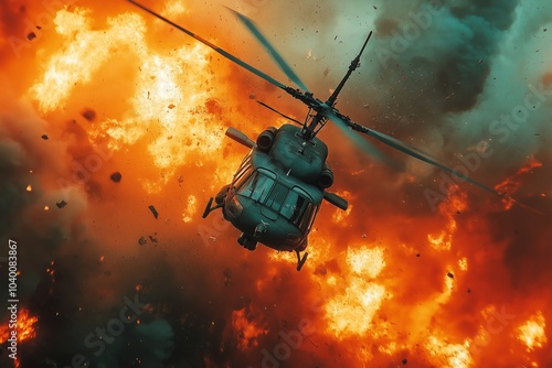 A helicopter tilts mid air, surrounded by fiery explosions and smoke in a chaotic warzone