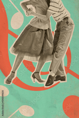 Retro dance couple in close-up of their feet, showcasing elegant dance moves. Timeless style adds flair to dynamic scene. Contemporary art collage. Concept of retro aesthetic, vintage dance, nostalgia