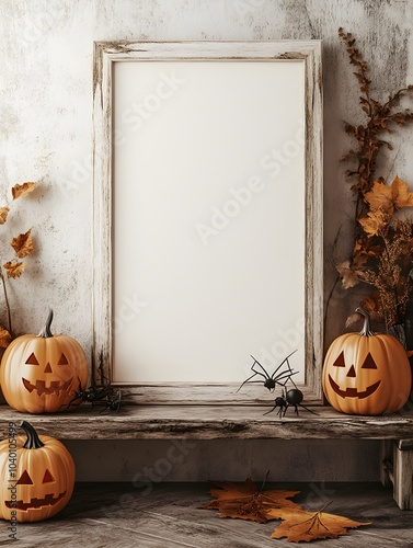 Rustic Halloween Mockup: A blank vertical poster frame sits amidst carved pumpkins, autumn leaves, and a spider on a weathered wooden shelf, creating a spooky yet charming autumnal scene.