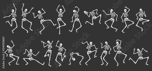 Creepy skeletons dancing. Funny halloween horror characters in different poses, day of dead mascots, holiday happy skull and bones, decorative cartoon flat style isolated tidy vector set