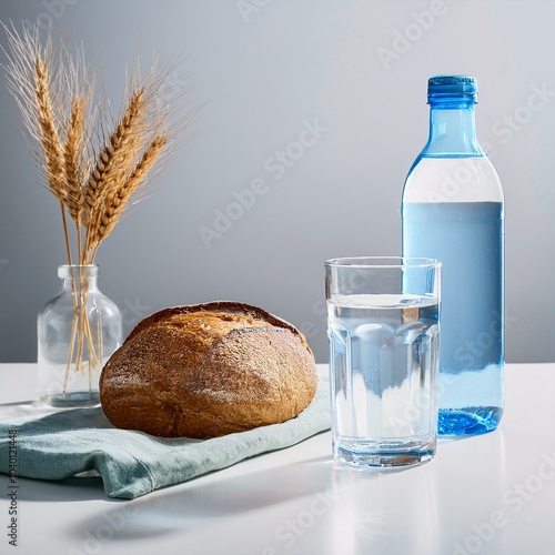 a white table has a bottle of water loaf of bread and a glass of water on it