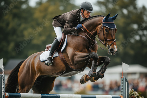 Horse and rider performing jump at equestrian show jumping competition