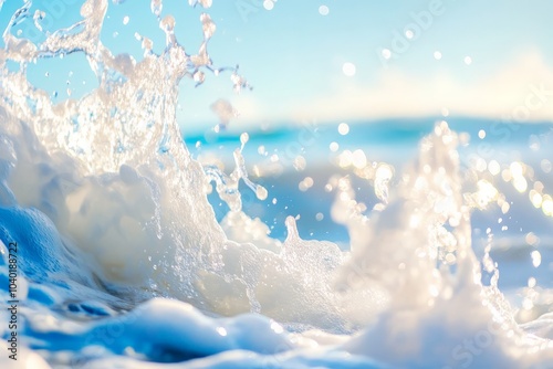 Ebullient ocean waves break joyfully under a bright morning sun, setting off sparkling droplets and foamy splashes, embodying nature's dynamism and rhythmic beauty of water.