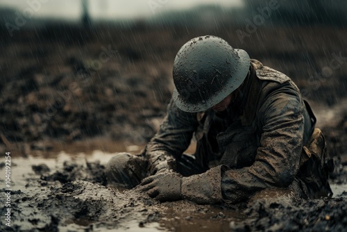 An exhausted soldier leans heavily on a mud-covered field in rain, showcasing the exhaustion and hardship of military life amidst adverse conditions.