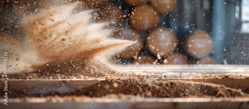 Sawdust is floating in the air behind a 2x4 being sanded in an industrial setting with a copy space image available