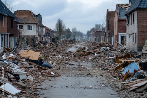 A suburban street with damaged homes and debris showcasing destruction and despair amid bare trees, cold concrete, and a sense of hopelessness under a gray sky.