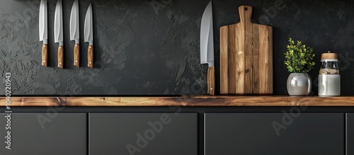 Kitchen knives with wooden handles on a modern kitchen countertop with copy space image against a black and white wall