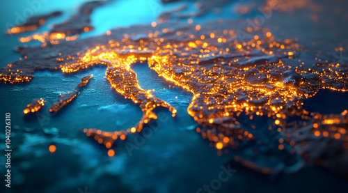 3D render of a map with glowing lights, accurate and detailed topography.