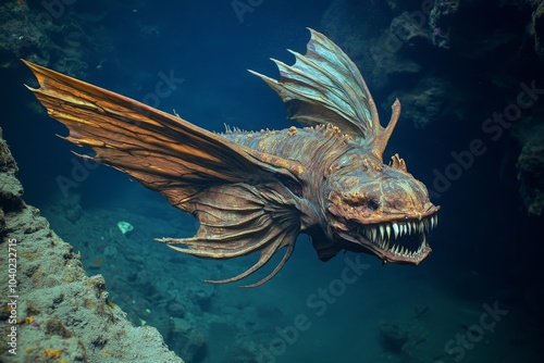 A formidable sea monster with dragon-like features gracefully swims through a deep-sea environment, showcasing its menacing wings and sharp teeth.