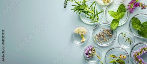 Various herbs in Petri dishes for phytotherapy and herbal medicine laboratory research with empty space for text alongside the image. Copy space image. Place for adding text and design