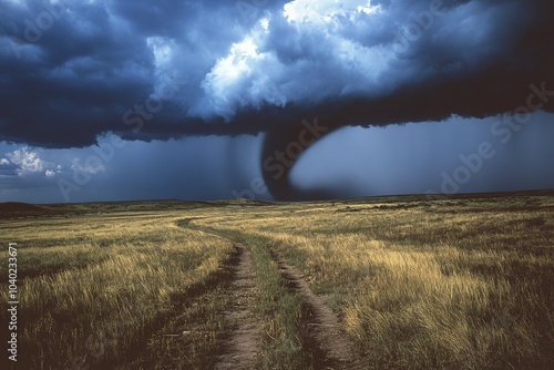 A swirling tornado moves over a rural dirt road beneath a moody, storm-filled sky, illustrating nature's unpredictability and raw, untamed power captured beautifully.