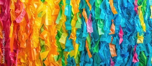 Close up of vibrant multicolored fringed paper in blue green yellow orange and red creating an abstract background texture resembling a pinata banner sized design element with a copy space image