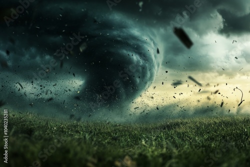 A dark and dramatic tornado disrupts a calm open grassy field, capturing the intensity and emotion of a severe storm as debris is scattered across the landscape.