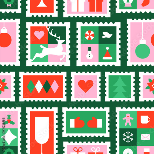 Modern geometric christmas seamless pattern. Xmas holiday post card stamp sticker background with traditional winter decoration. Festive party invitation texture, minimalist december event print.