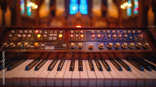 A vintage analog synthesizer with multiple knobs and switches is set inside a beautifully lit church, with blurred stained glass windows in the background