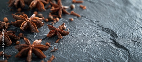 A detailed closeup of star anise spice on a gray stone surface with ample room for text in the image