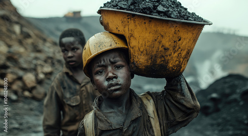 A child worker in an open-cast coal mine, carrying a large bucket of coal on his shoulders.