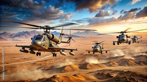 Aerial formation of attack helicopters flying over desert landscape