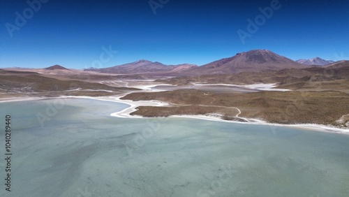 Aerial photo of Laguna Verde, Bolivia. A salt lake in the southwestern Altiplano in Bolivia, close to the Chilean border. Located in Eduardo Avaroa Andean Fauna National Reserve. 