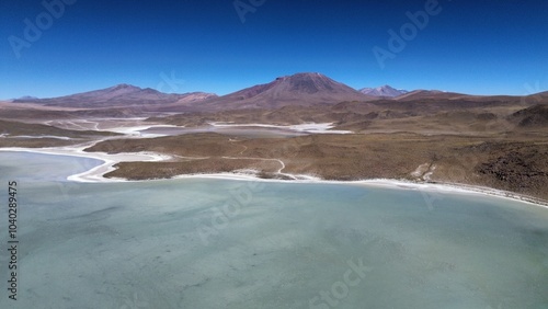 Aerial photo of Laguna Verde, Bolivia. A salt lake in the southwestern Altiplano in Bolivia, close to the Chilean border. Located in Eduardo Avaroa Andean Fauna National Reserve. 