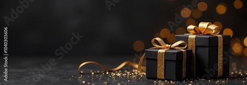 Two black gift boxes with golden bows on a dark background with blurred bokeh. Banner for christmas gift, black friday, big sale. Retail promotions, discount events, social media marketing