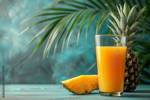 Fresh and luscious pineapples in up-close, alongside a fruit juice glass especially decor on a surface amid a backdrop of imprecise palm branches with promotion space, Generative AI.