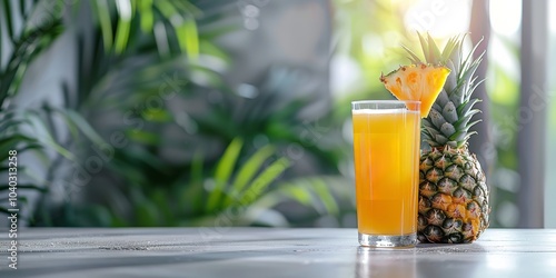 Fresh and luscious pineapples in up-close, alongside a fruit juice glass especially decor on a surface amid a backdrop of imprecise palm branches with promotion space, Generative AI.