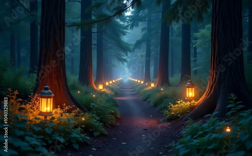 Mysterious path in the dark forest with glowing lanterns.